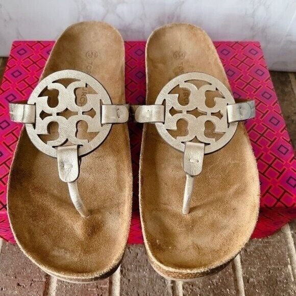Tory Burch Shoes - Tory Burch Miller Cloud Thong Flat Sandals Spark Gold Leather Womens US 8